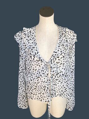 Pleione Blouse Womens M Sheer Flowy Black White Polka Dot Ruffled Long Slve Top